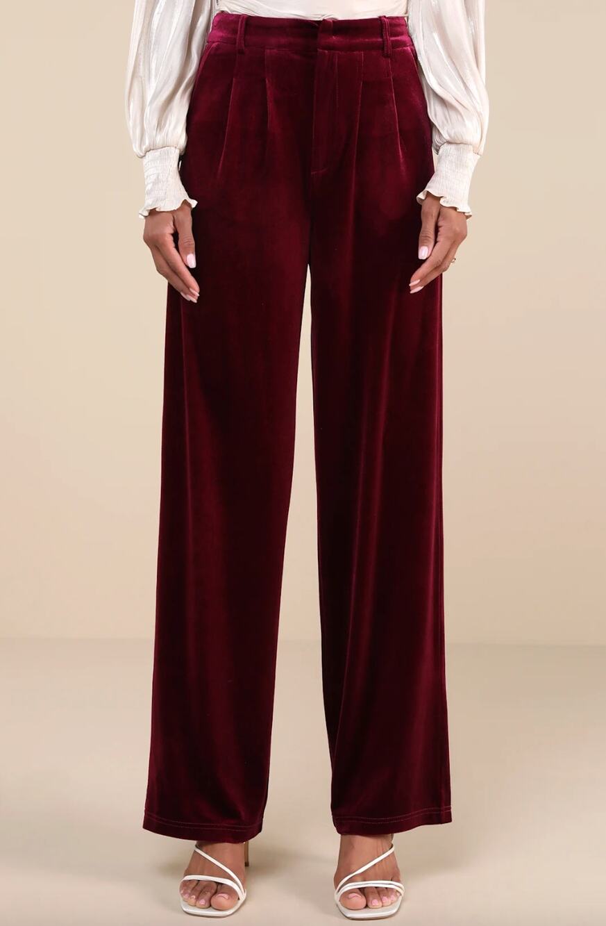 Lulus Posh Idea Plum Velvet High-Rise Straight Leg Trouser Pants Small NWT